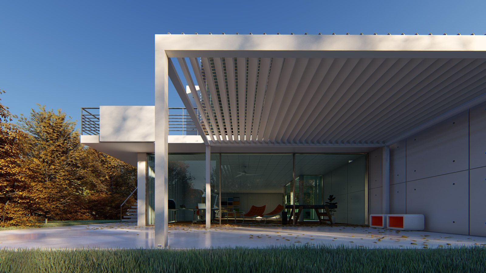 Minimalistische witte pergola op maat bij een moderne villa met zwembad